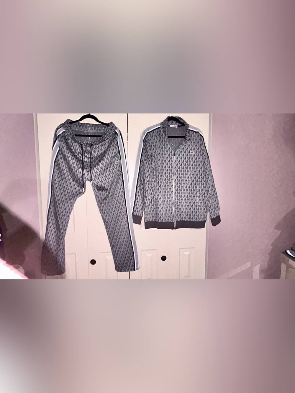 Lacoste Gray Monogram Track Jacket & Pants with White Stripes (Size L) “Good”
